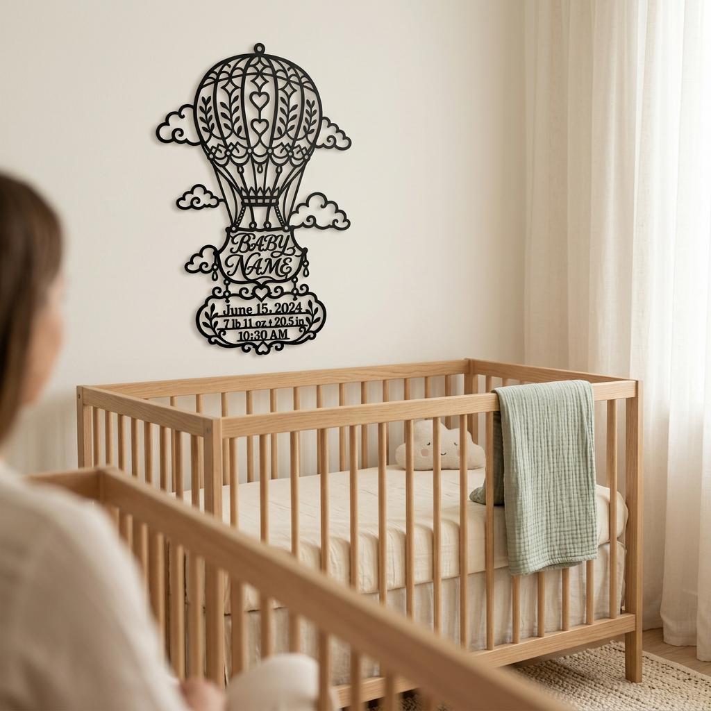 Crib-side nursery scene with black metal hot air balloon birth stats wall art mounted above a wooden crib, designed as a custom baby name sign and meaningful newborn gift for parents decorating a baby room.