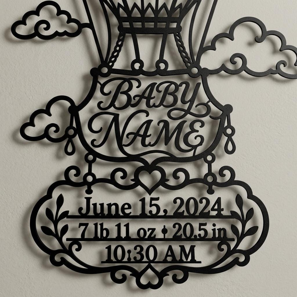 Close view of personalized baby birth stats wall art with readable baby name, date, weight, height, and time, showing black laser cut metal letters, cloud details, and soft cutout shadows for nursery decor.