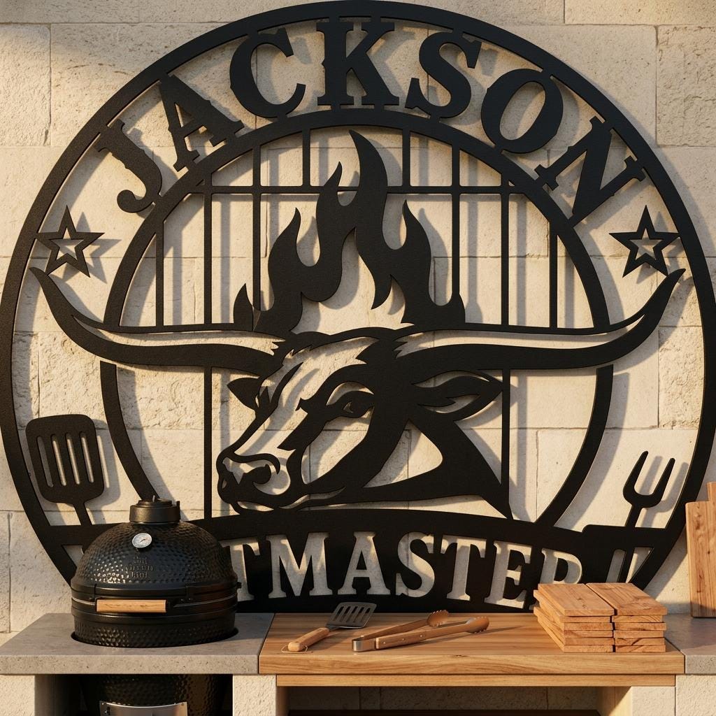 Personalized BBQ metal sign shown above an outdoor grill station, featuring custom name, pitmaster text, bull, flames, grill grate, utensils, matte black finish and backyard barbecue wall art style for patio grilling areas.