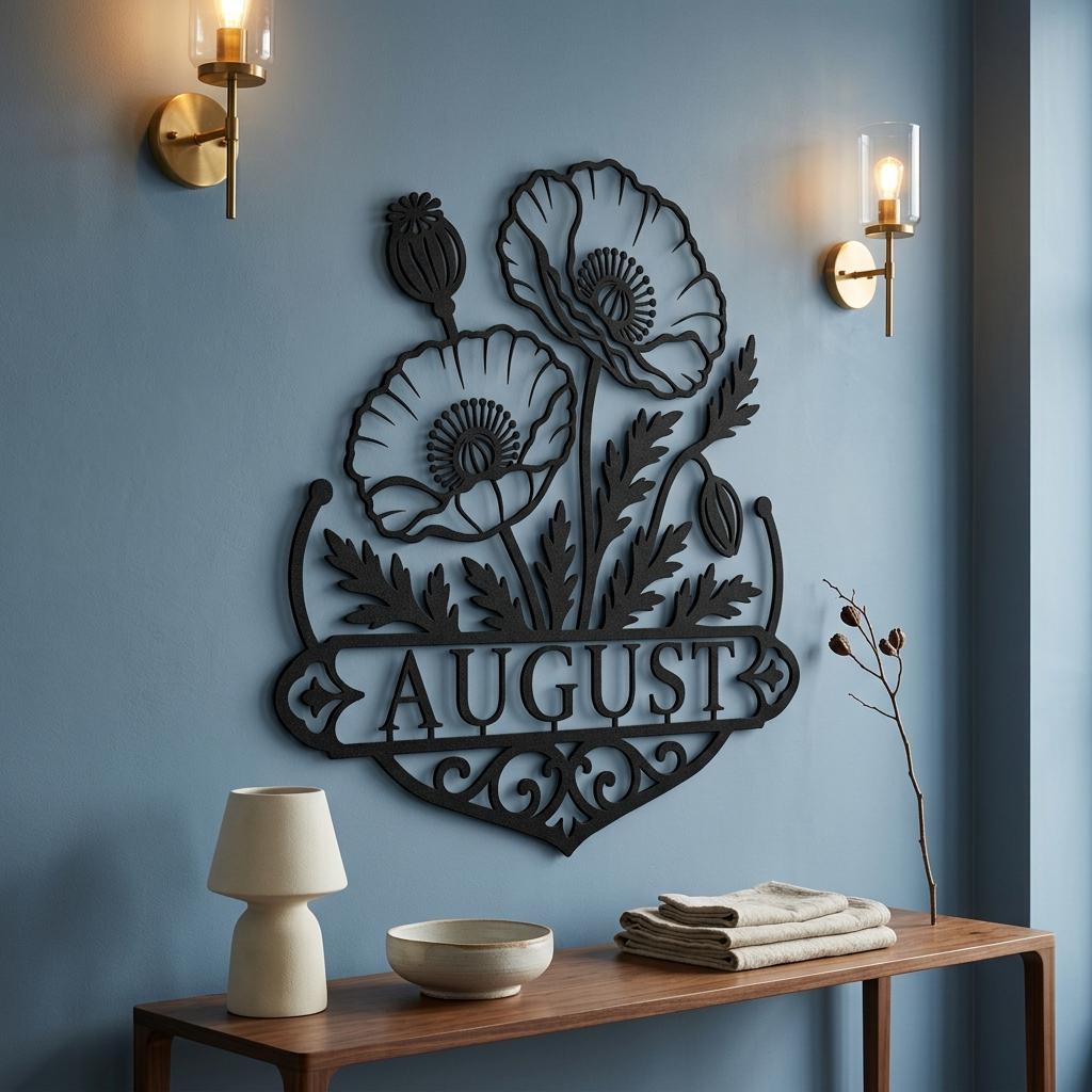Personalized black poppy metal wall sign displayed against a dusty blue wall for high-contrast botanical decor.