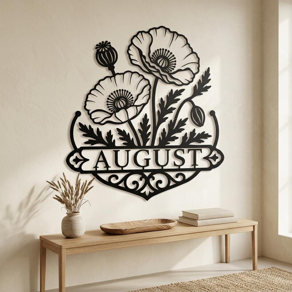 Personalized poppy metal name sign in matte black above a light wood console, showing two blooms, seed pods, and scrollwork.