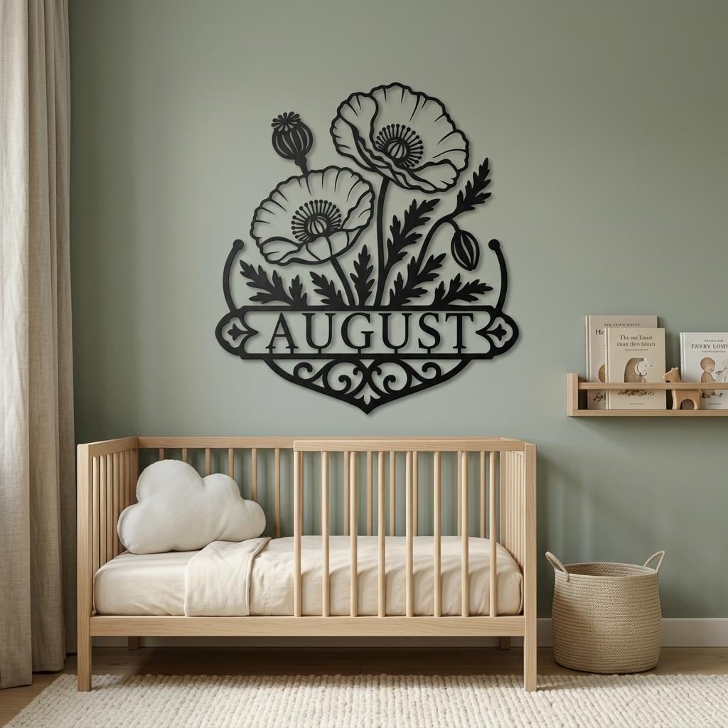 Custom poppy birth flower metal wall sign styled in a calm nursery, with a clear personalized nameplate and botanical silhouette.