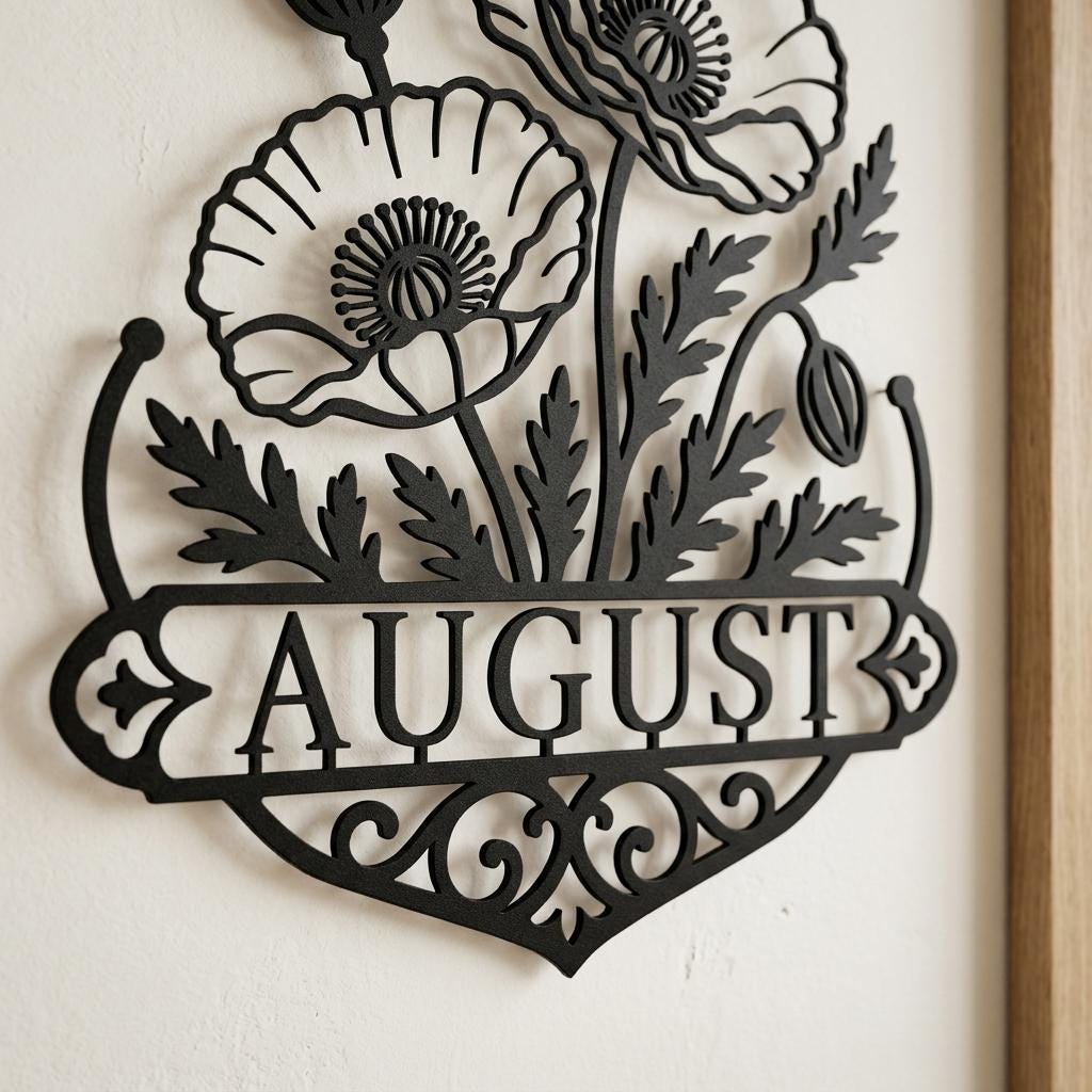 Close view of the AUGUST sample nameplate on poppy metal wall art, showing readable lettering and detailed floral cutwork.