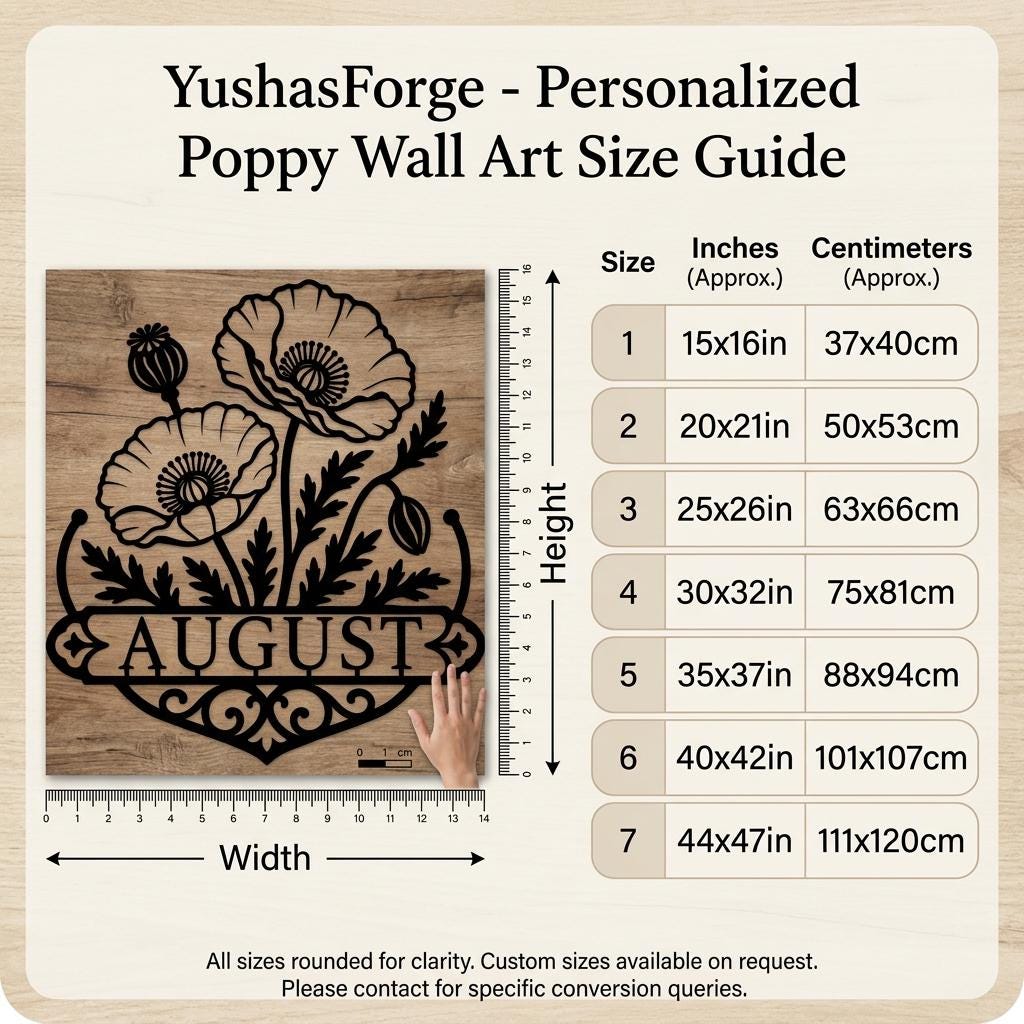 Size guide for personalized poppy wall art with seven width-by-height options from 37 by 40 cm to 111 by 120 cm.