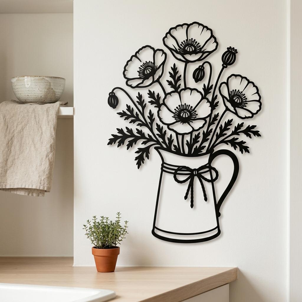 Small-size poppy kitchen decor shown on a compact wall with the full pitcher, bow, leaves, flowers, and seed pods visible.