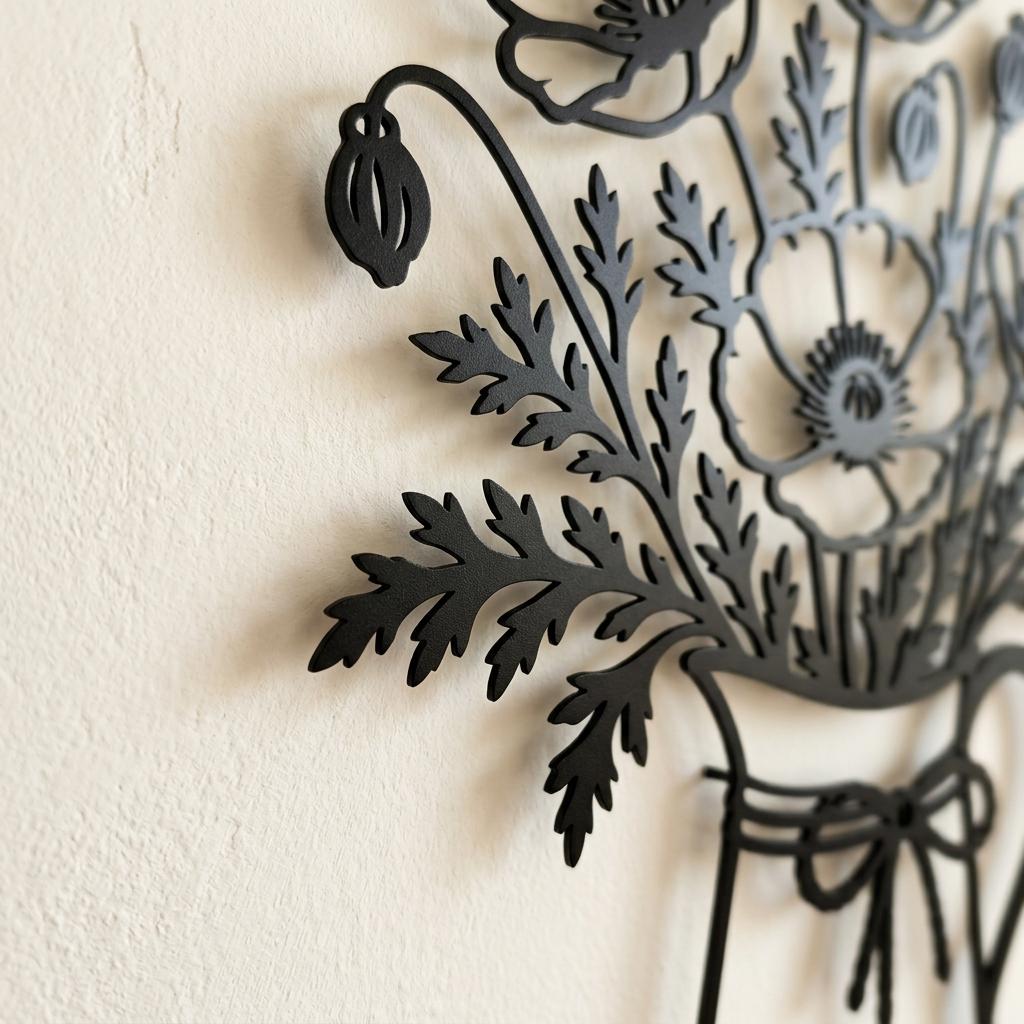 Side detail showing the metal flower wall art standing away from the wall to create a soft dimensional shadow.