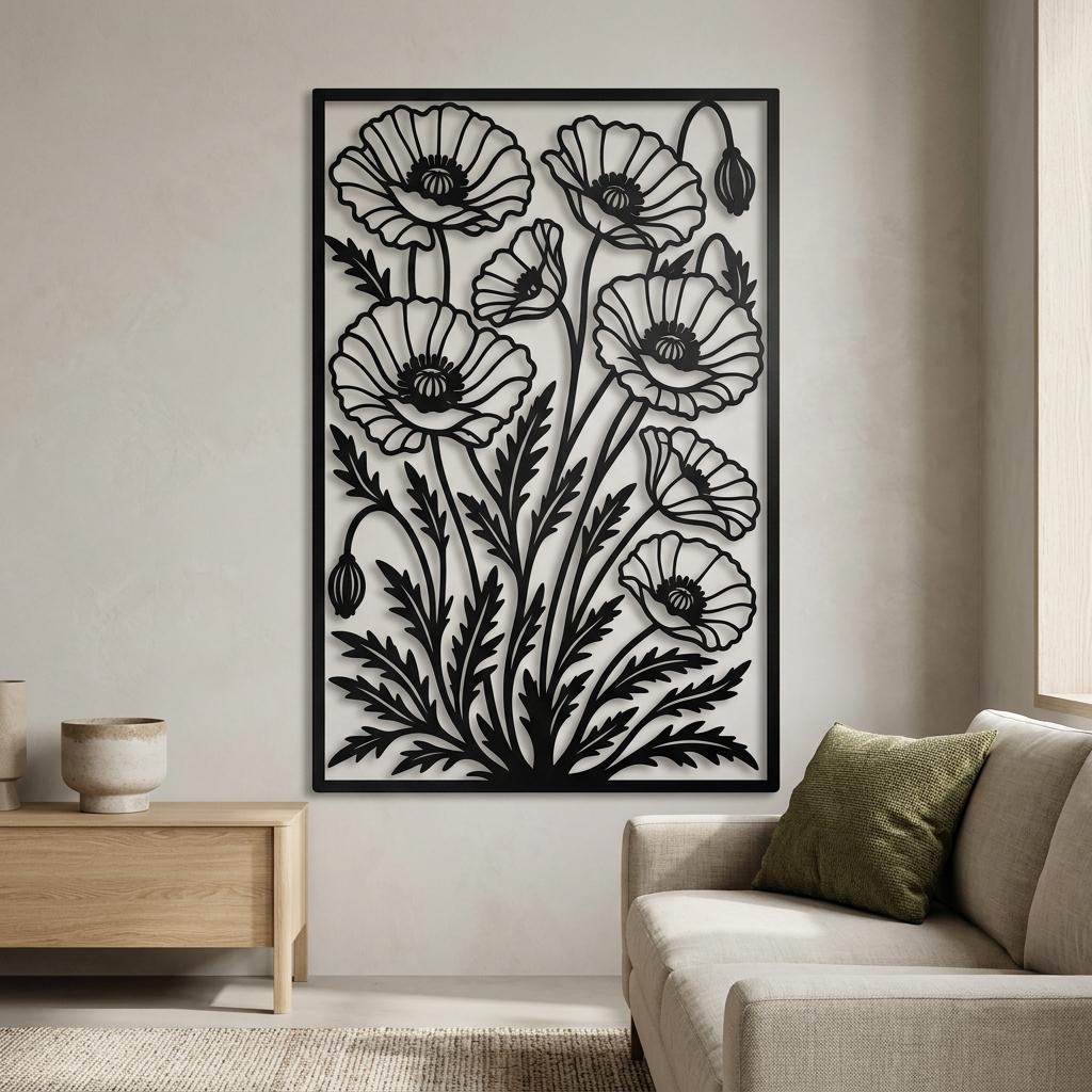 Vertical black poppy flowers metal wall art in a modern living room with greige plaster wall and oak furniture. Laser cut steel floral silhouette showing realistic indoor scale. Botanical home wall decor.