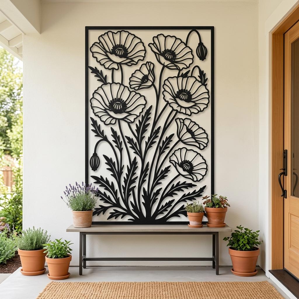 Black poppy flowers laser cut metal wall art on a covered front porch exterior wall. Powder coated steel floral silhouette above terracotta planters. Outdoor botanical home decor for cottage garden lovers.