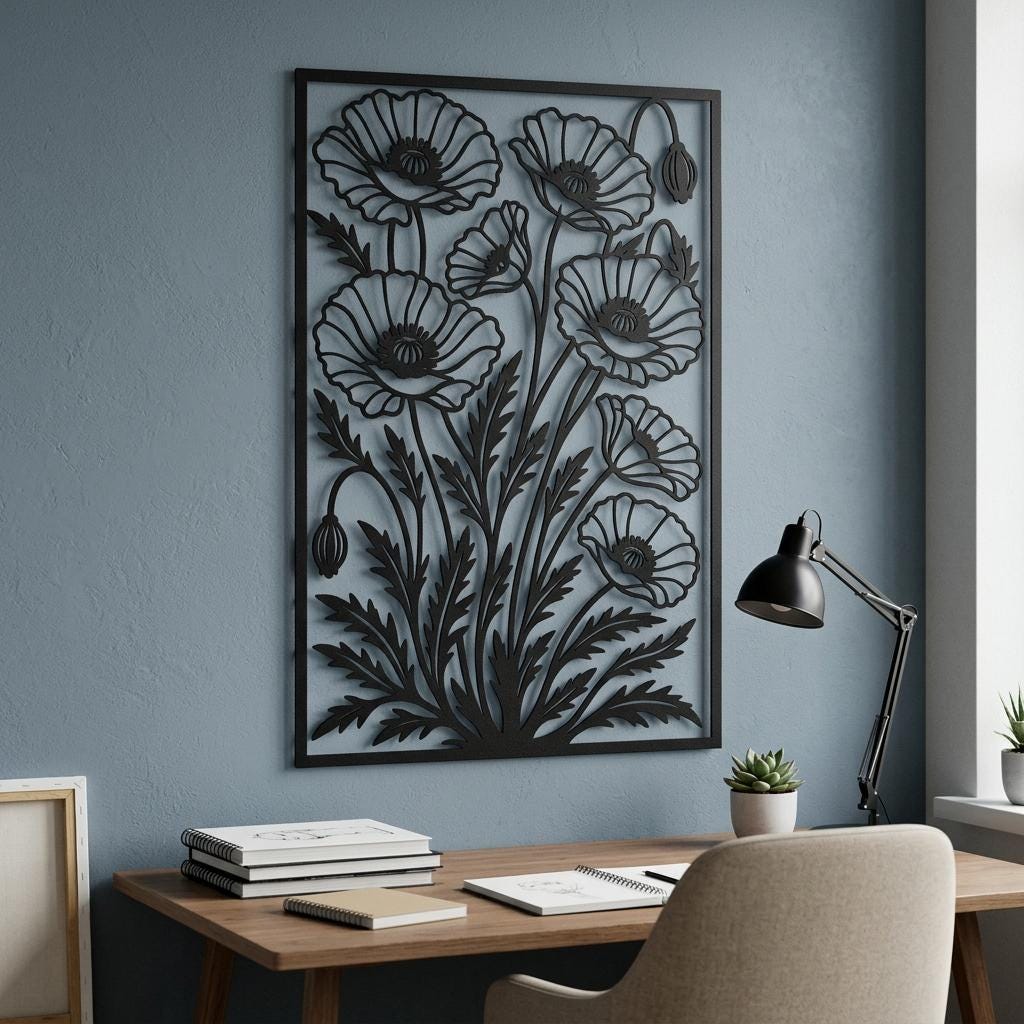 Black powder coated poppy flowers metal wall art above writing desk in creative home studio with dusty blue-gray wall. Laser cut steel botanical decor with task lamp. Modern botanical office wall art.