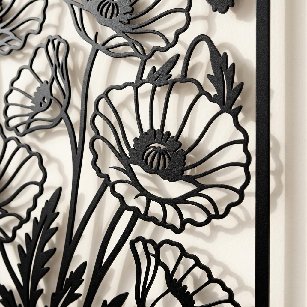 Close detail of black powder coated poppy flowers laser cut metal wall art showing crisp steel edges and layered cutout shadows on white wall. 2cm hidden mounting depth visible. Premium cut quality proof.