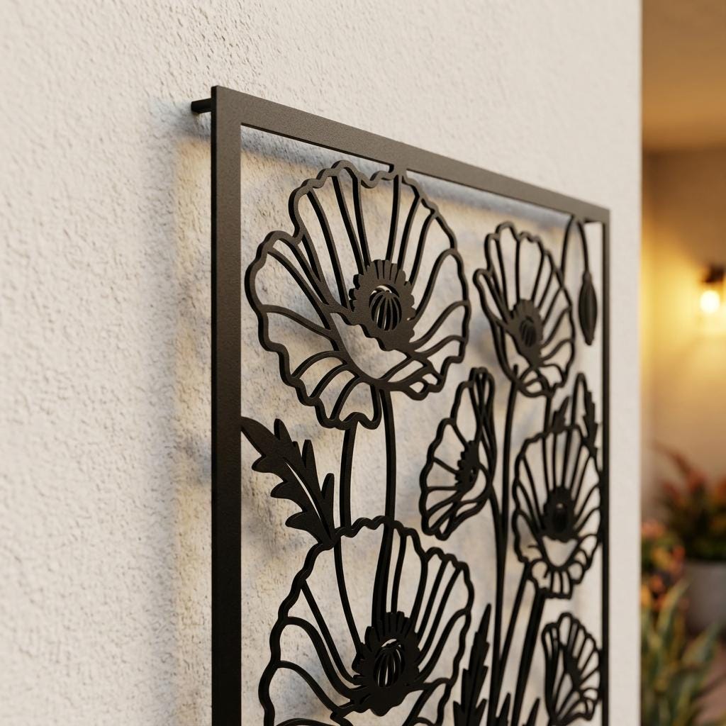 Close-up side view of black powder coated poppy flowers metal wall art showing 2cm wall offset depth on stucco exterior wall. Evening sconce light reveals crisp laser cut edges and floral cutout shadows.