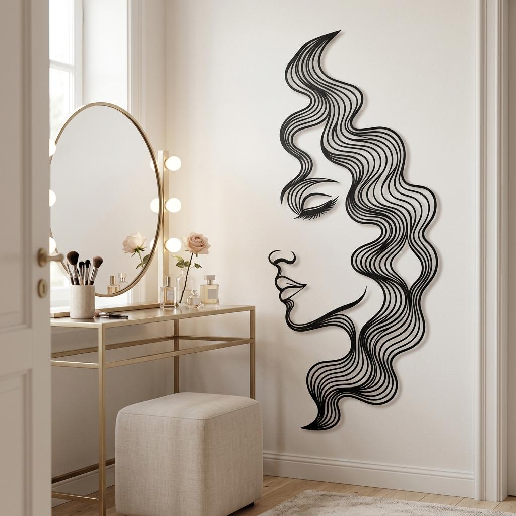 Elegant home beauty room vanity showcasing a black metal woman face wall decor. Minimalist feminine profile line art mounted beside a round mirror above a makeup table, perfect as a stylish decor accent for beauty lovers and makeup spaces.