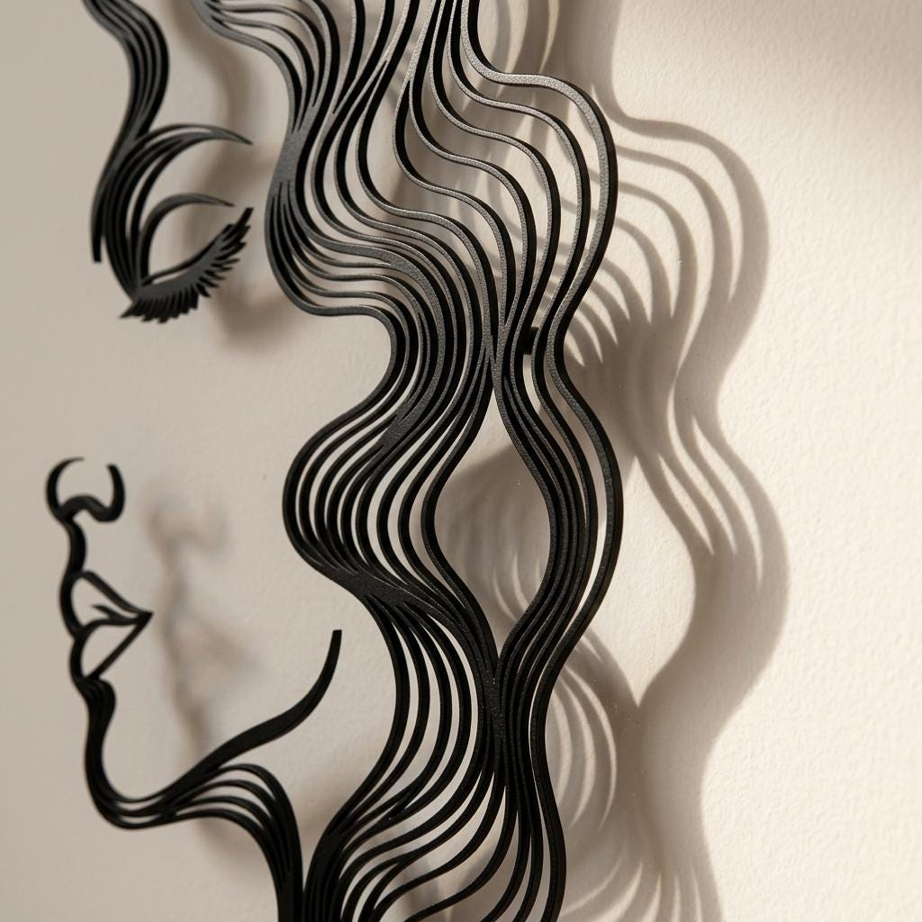 Close-up side view of a black metal woman face wall art showing the 2 cm wall offset. Features premium satin-matte finish and hidden mounting that creates a beautiful 3D drop shadow effect on the wall, perfect for modern salon interiors.