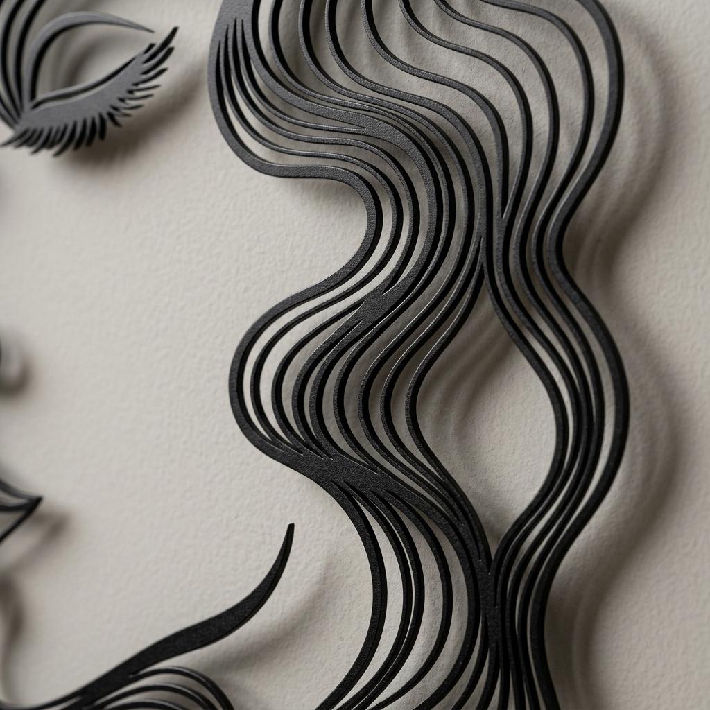 Detailed view of crisp laser-cut edges on a black metal woman face wall decor. Raking light reveals beautiful natural shadow gaps cast through the flowing hair cutouts onto a greige plaster wall, showcasing premium beauty studio artistry.
